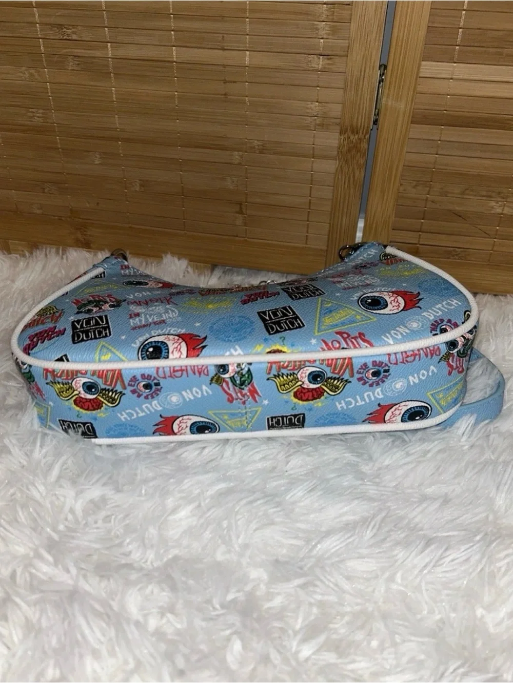 Von Dutch Blue Jax Shoulder Bag Y2K Eye Print Charm Chain Purse NWT Rare